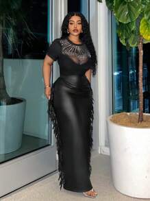 Slaydiva Plus Size Elegant Party Bodycon Black Skirt With Fringe Side Details And High Back Slit, Spring/Fall - Z, For Winter