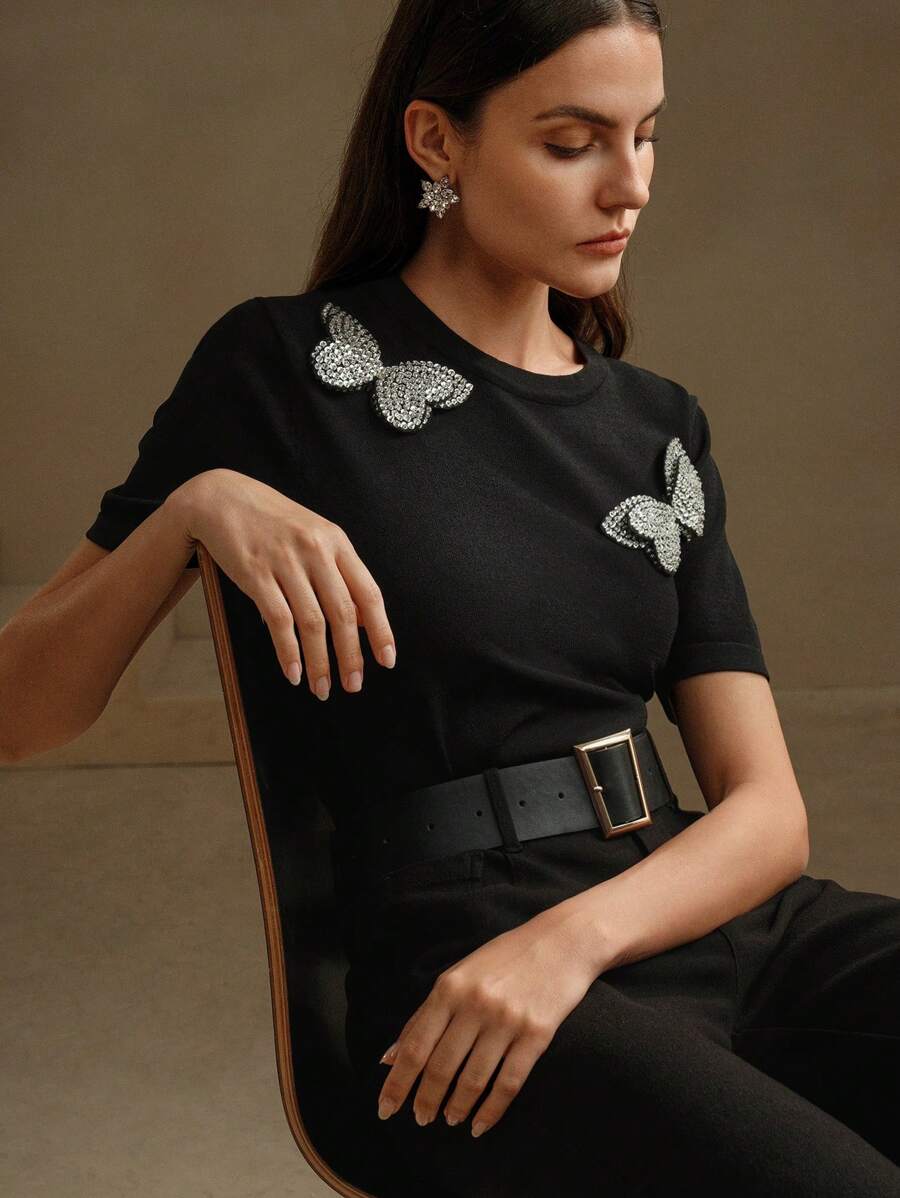 Anewsta Áo thun thời trang mùa hè trang trí hình con bướm kim cương dành cho nữ - màu đen - Xem 1