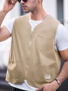 Manfinity VCAY Men's Woven Leisure Vest, Perfect For Daily Wear During Spring And Summer - Khaki - View 3