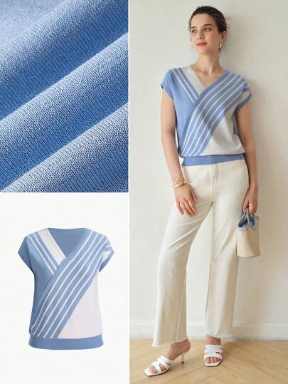 MOTF PREMIUM BREATHABLE SURPLICE NECK BATWING SLEEVE STRIPED COLORBLOCK SWEATER VEST,SUMMER OUTFITS