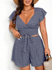 SHEIN LUNE Plus Size Kỳ Nghỉ Thường Ngày Ngắn Tay In Hoa Áo Crop Top Và Quần Short - Màu xanh hải quân - Xem 6