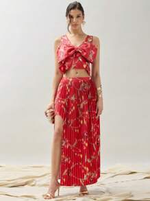 COSMINA Women's Sleeveless Floral Printed Bow Tie Blouse Top And Pleated Skirt - Multicolor - View 5