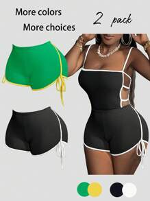 Zolique Contrast Binding Cut Out Drawstring Side Cami Romper - Multicolor - View 1