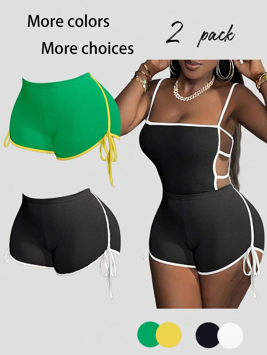 Zolique Contrast Binding Cut Out Drawstring Side Cami Romper - Multicolor - View 1