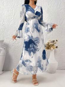 Modelyn Women's Random Printed V-Neck Simple Daily Long Sleeve Dress Maxi Women Outfit Long Evening Dresses - Multicolor - View 7