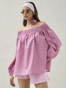 COSMINA Top de hombros descubiertos con manga de lámpara y estampado completo casual para mujer en primavera/verano - Multicolor - Ver 4