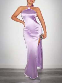 SHEIN SXY Elegante vestido de noche largo de satén, sexy vestido de graduación para fiesta de regreso a clases para mujeres