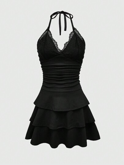 Goth Y2K Style Women's Bodycon Dress With Lace Trimmed Bust, Ruched Waist And Tiered Hem, School, For New Year