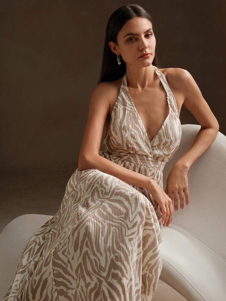 Women's Animal Print Maxi Backless Halter Dress