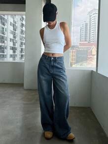 DAZY 复古做旧洗水长款宽松牛仔裤 - 中等水洗藍 - 查看 3