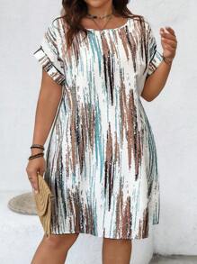 SHEIN LUNE Abstract Color Brushstroke Round Neck A-Line Plus Size Dress, For Summer