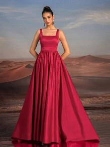 Glamrae Elegant Wide Strap Square Neckline Bra Cup High-Waisted Sheer Mesh Contrast Hollow Out Extra Large Hemline Train Dress, Perfect For Dating, Singles Party, Wedding, Event, Heavy-Duty Formal Dinner, Evening Prom Wedding Guest Gown, For Graduation - Rose Red - View 7