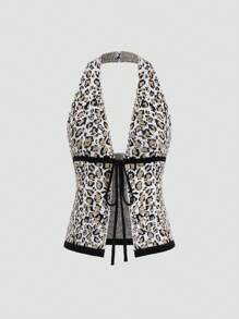 Flirla Women's Fashionable Leopard Printed Knit Halter Top With Open Back Design, Spring/Summer
