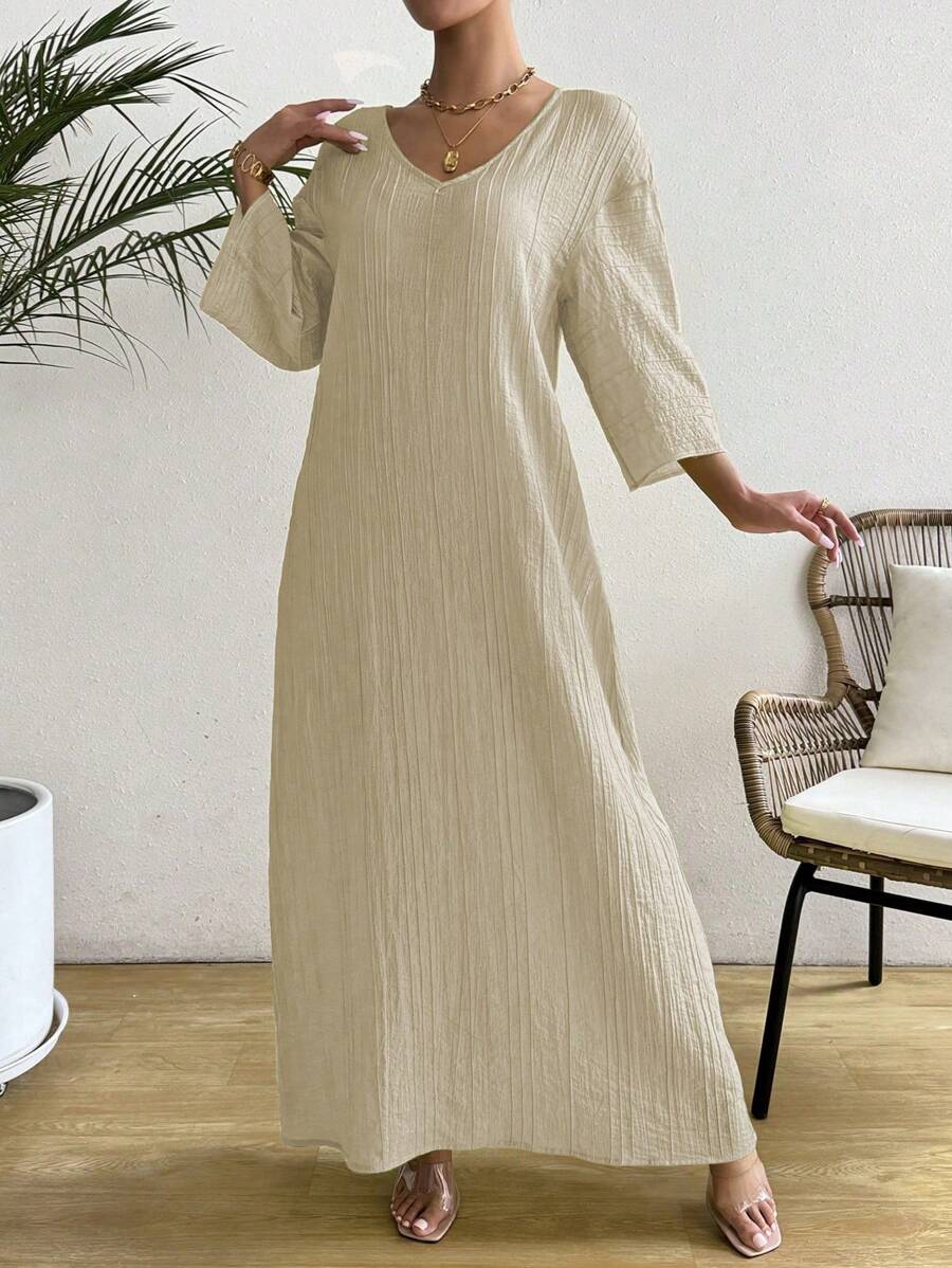Chiquease 夏季新品長袍式袖、褶皺設計優雅寬鬆緊身連衣裙，V領 - 杏色 - 查看 1