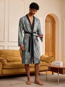 Manfinity Men's Cartoon Allover Print Mid-Length Homewear Robe - Blue - View 7