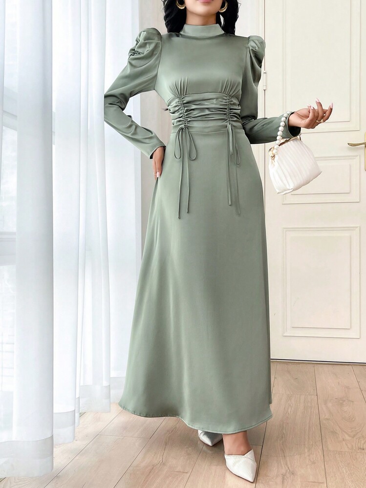 Modelyn Ladies Solid Color Simple Daily Arabian Dress Party Elegant Evening Long Sleeve Maxi Dress Long Evening Dresses - Mint Green - View 3