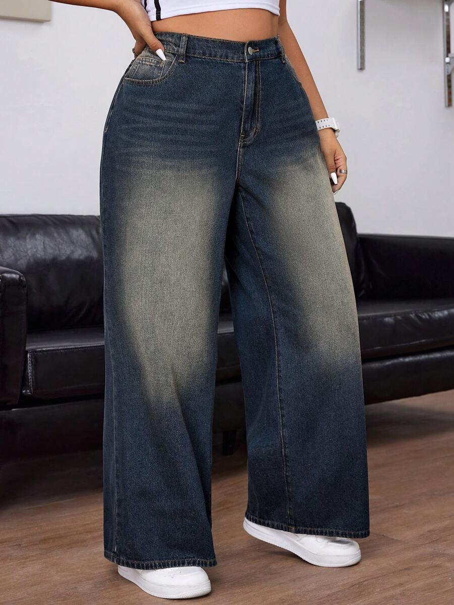 SHEIN ICON Plus Size Ladies' Loose Fit Wide Leg Casual Boyfriend Jeans With Pockets