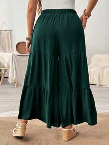 SHEIN Holidaya Quần ống rộng xếp ly màu trơn cỡ lớn, dành cho trang phục thường ngày - Màu xanh lá cây đậm - Xem 2