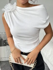 Chiquease 1 Áo thun nữ 3D thời trang xếp nếp một bên vai, màu trắng - trắng - Xem 3