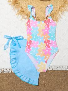 Young Girl One Piece Swimsuit With Colorful Floral Print And Ruffle Skirt - Multicolor - View 5