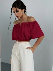 Aloruh 夏季休闲露肩 V 领短款收腰衬衫、短袖上衣 - 酒紅色 - 查看 5
