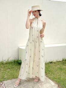 EastFlair Floral Printed Halter Neckline Dress With Ruffled Hem, Summer Style - Apricot - View 6
