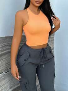 Zolique Camiseta sin mangas de punto redondo corto sin costuras en colores pastel para mujer con cuello redondo, uso diario casual