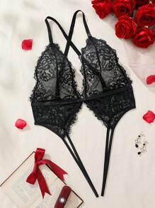 SHEIN Plus Size Lace Crotchless Bodysuit Lingerie - Black - View 1