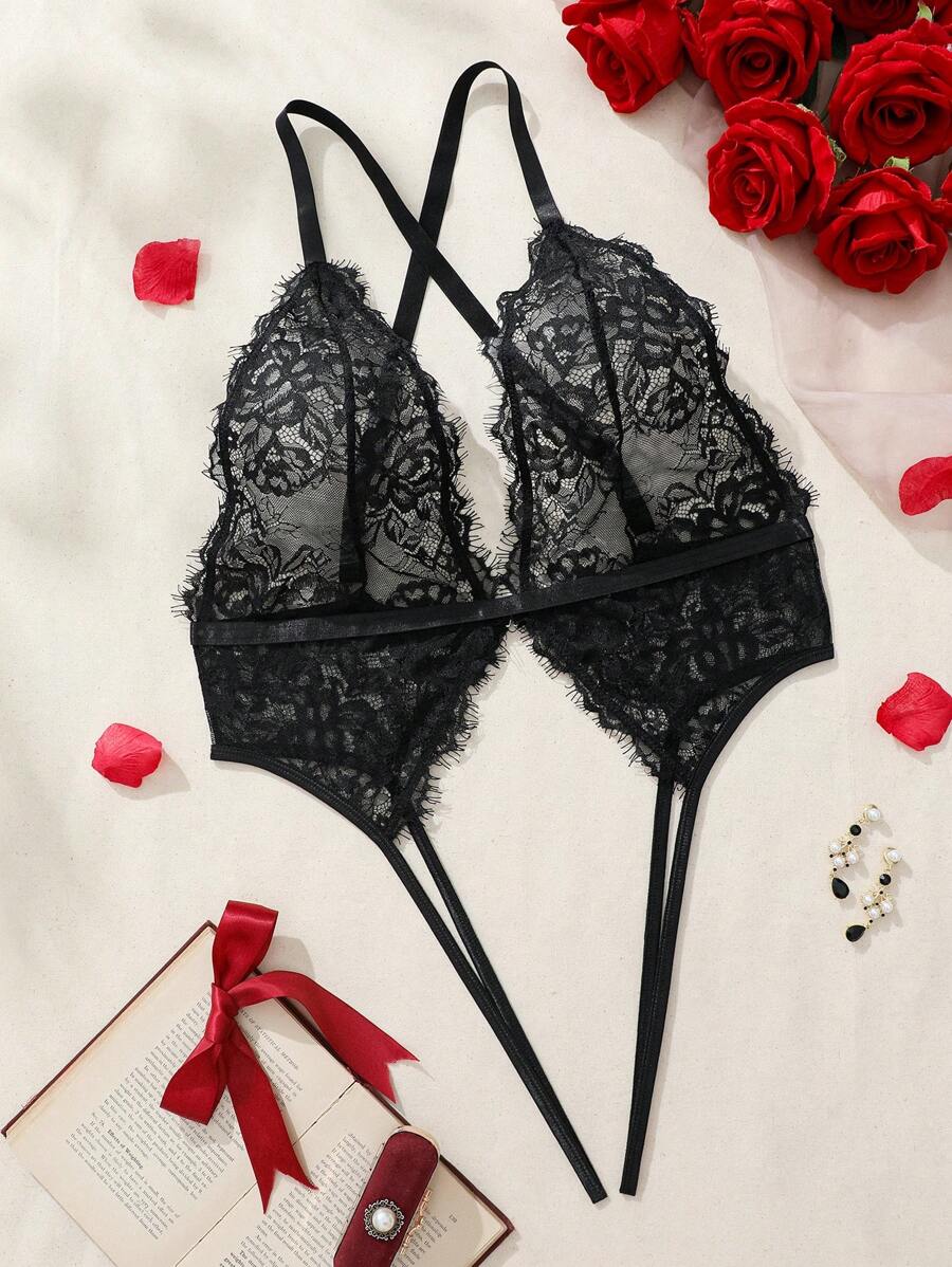 SHEIN Plus Size Lace Crotchless Bodysuit Lingerie - Black - View 1