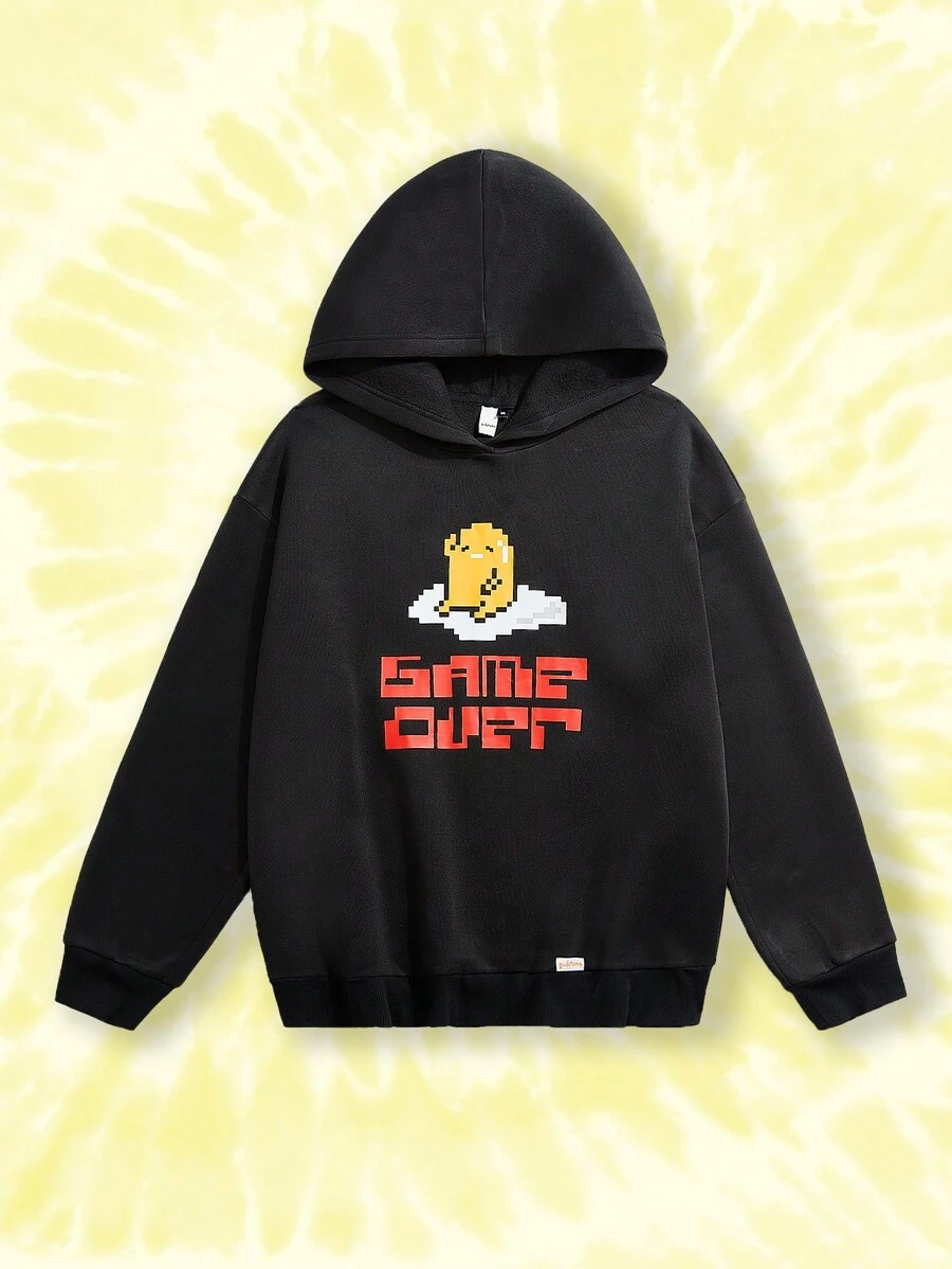 Gudetama X SHEIN Plus Size Casual Letter And Cartoon Egg Print Drop Shoulder Sweatshirt - Black - View 1