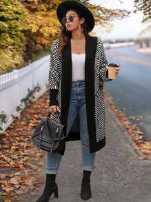 SHEIN LUNE Plus Size Women's V-Neck Solid Long Sweater Dress Business Casual Woman, Holiday Outfits, Country Tops - Black and White - View 7