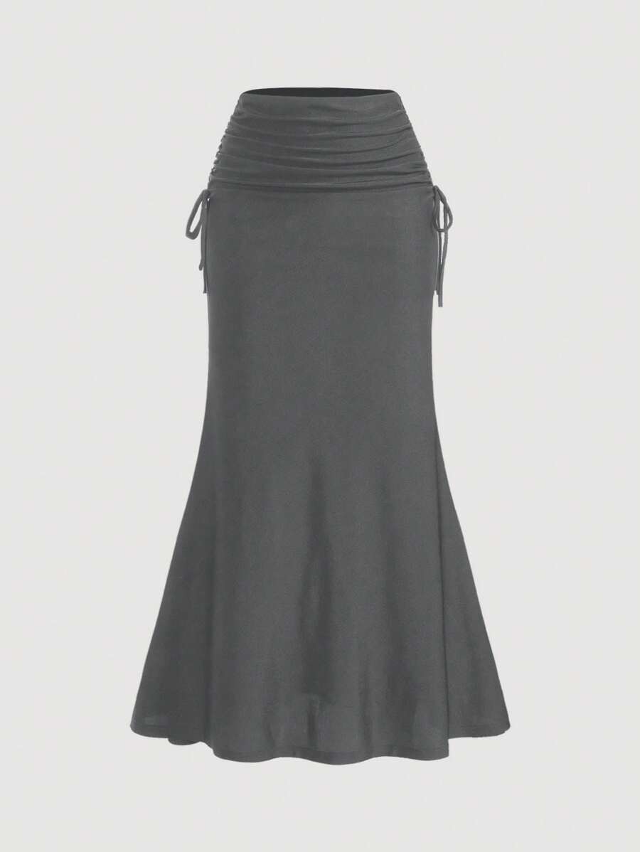 SHEIN MOD 优雅春夏高腰、侧抽绳、腰褶、鱼尾下摆、长裙 - 灰色 - 查看 1