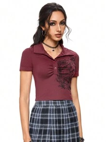 ROMWE Academia 复古天使元素印花 Polo 领学院风女式 T 恤，学校 - 紅色 - 查看 4