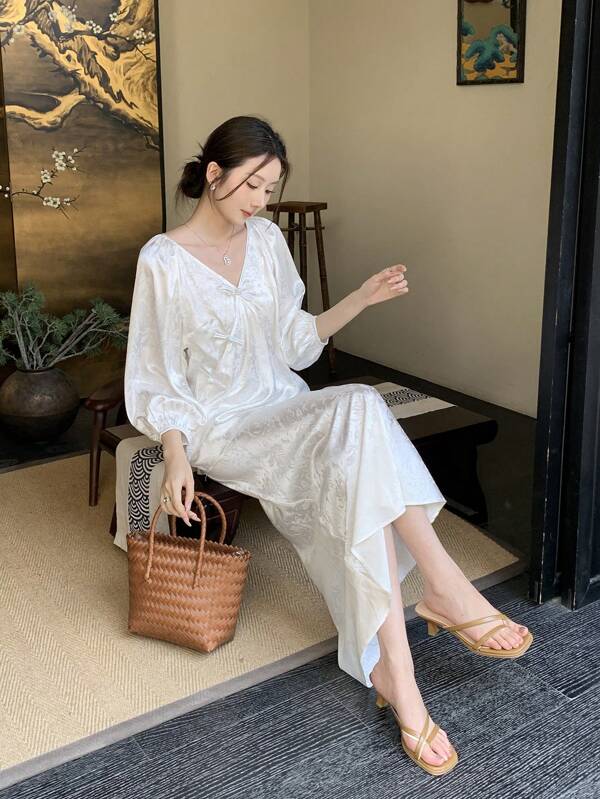 EastFlair Set de cămașă și fustă cu mâneci lanternă, elegant, de culoare solidă, jacquard, cu cataramă, primăvară/vară