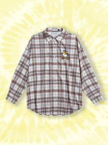 Gudetama X SHEIN 大碼休閒可愛寬鬆Melrad街頭服風格卡其襯衫，蛋及字母格紋印花圖案，適用於秋季 - 彩色 - 查看 9