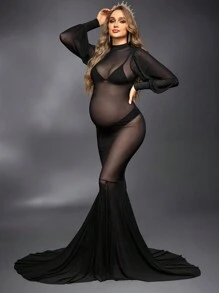 Cheriluna Maternity 孕妇透视长袖美人鱼拍摄礼服 - 黑色 - 查看 5