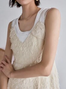 FRIFUL 女士夏季休閒純色流蘇細肩吊帶連身褲 - 米色 - 查看 7