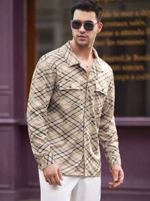 Manfinity VCAY Men's Knitted Loose Plaid Shacket With Drop Shoulder And Lapel, Suitable For Spring And Autumn Seasons