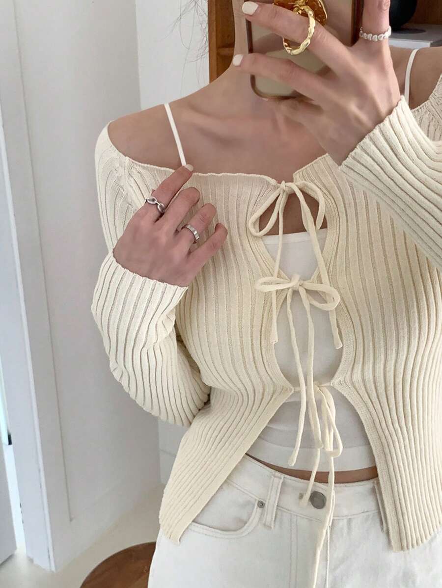 DAZY 女士纯色系带方领长袖开衫，秋季服装 - 杏色 - 查看 1