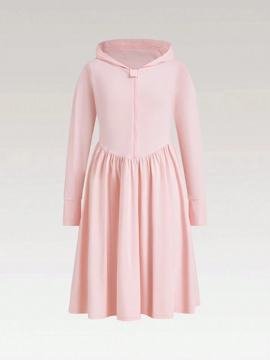 SHEIN 青少女前拉鍊長袖連帽裙，帶褶皺設計，防曬清涼，休閒假日適用
