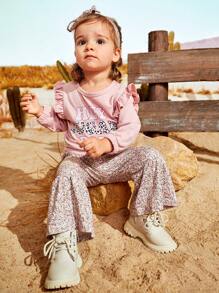 SHEIN Baby Girls' Thin Pink Long Sleeve Leopard Print Top And Pants Set, Autumn - Pink - View 3