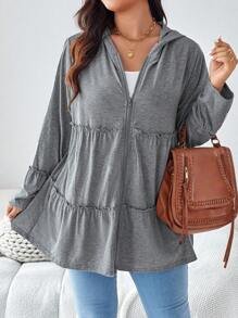 SHEIN LUNE Plus Size Solid Color Hooded Zipper Casual Daily Long Sleeve Jacket With Pockets Winter Clothes Hoodies - Grey - View 6