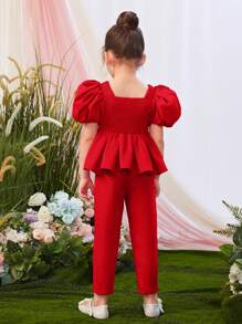 SHEIN Top de Manga Bufante Elegante e Confortável para Jovem Garota, combinado com Calça Longa de Cor Sólida, Conjunto casual 2 peças