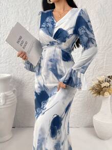 Modelyn Women's Random Printed V-Neck Simple Daily Long Sleeve Dress Maxi Women Outfit Long Evening Dresses - Multicolor - View 1