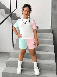 SHEIN Tween Girls Extended Size Loose Casual Round Neck Pullover Letter Printed T-Shirt And Pants Set With Color-Blocking Design - Multicolor - View 7