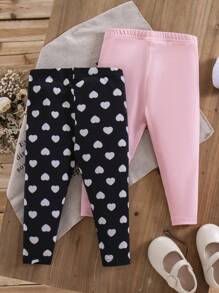 SHEIN Leap Crew 2入組寶貝女孩貼身伸展彈力腰長褲套裝，可搭配休閒穿著打造可愛波點風 - 粉色 - 查看 2