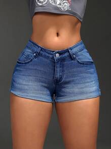 SHEIN SXY Quần short denim dáng ôm vừa vặn thường ngày mùa hè có viền cuộn - Rửa trung bình - Xem 2