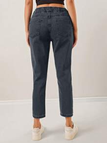 EURMUSE 休闲抽绳腰部锥形牛仔裤，具有水洗效果 - 灰色 - 查看 2