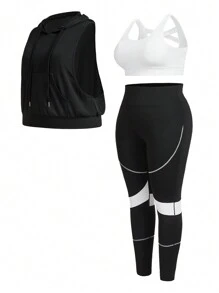 Gameset SHEIN Sport 大码连帽背心和拼色紧身裤，带手机口袋，运动套装，女士健身套装