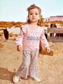 SHEIN Baby Girls' Thin Pink Long Sleeve Leopard Print Top And Pants Set, Autumn - Pink - View 6